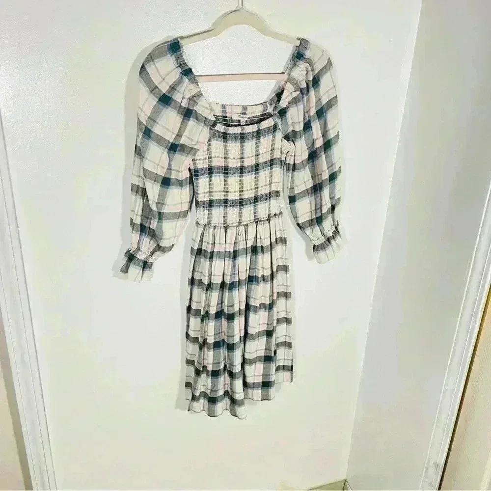 NWT Madewell Lucie Elbow-Sleeve Smocked Mini Dress Plaid